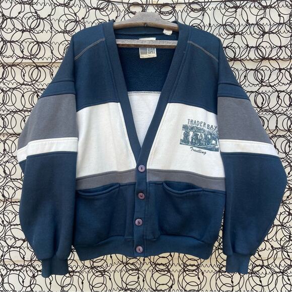 Vintage 90s Trader Bay blue white gray color block stripe sweatshirt cardigan